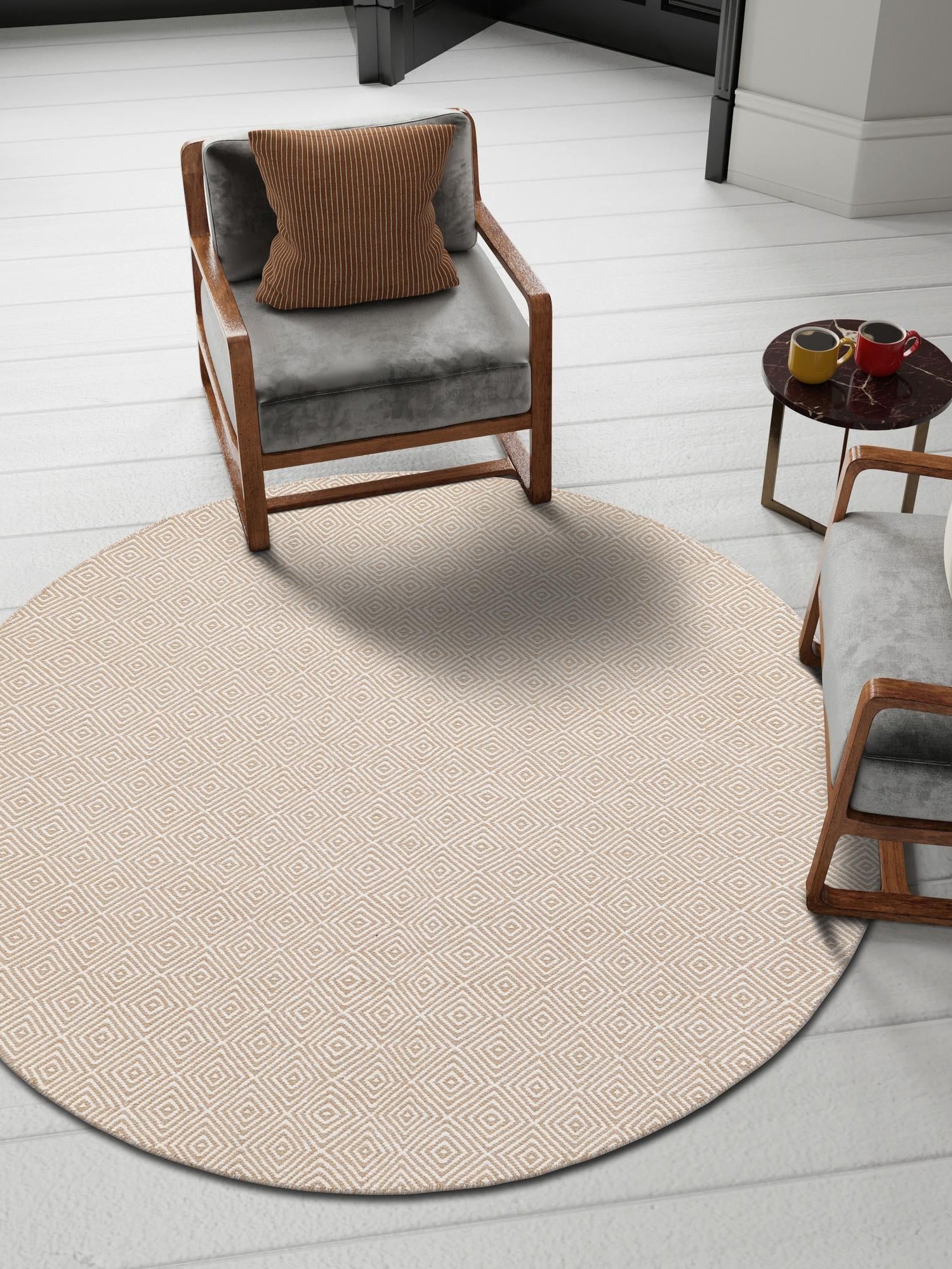 Beige 3' 1 x 3' 1 Geo Trellis Flatweave Round Area Rug 80% Wool & 20% Cotton Natural Geometric Carpet for Living, Office, Dining, Dorms for Sale at Rug Engine