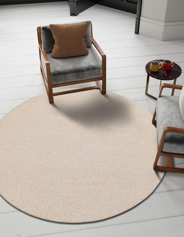Beige 3' 1 x 3' 1 Geo Trellis Flatweave Round Area Rug 80% Wool & 20% Cotton Natural Geometric Carpet for Living, Office, Dining, Dorms for Sale at Rug Engine
