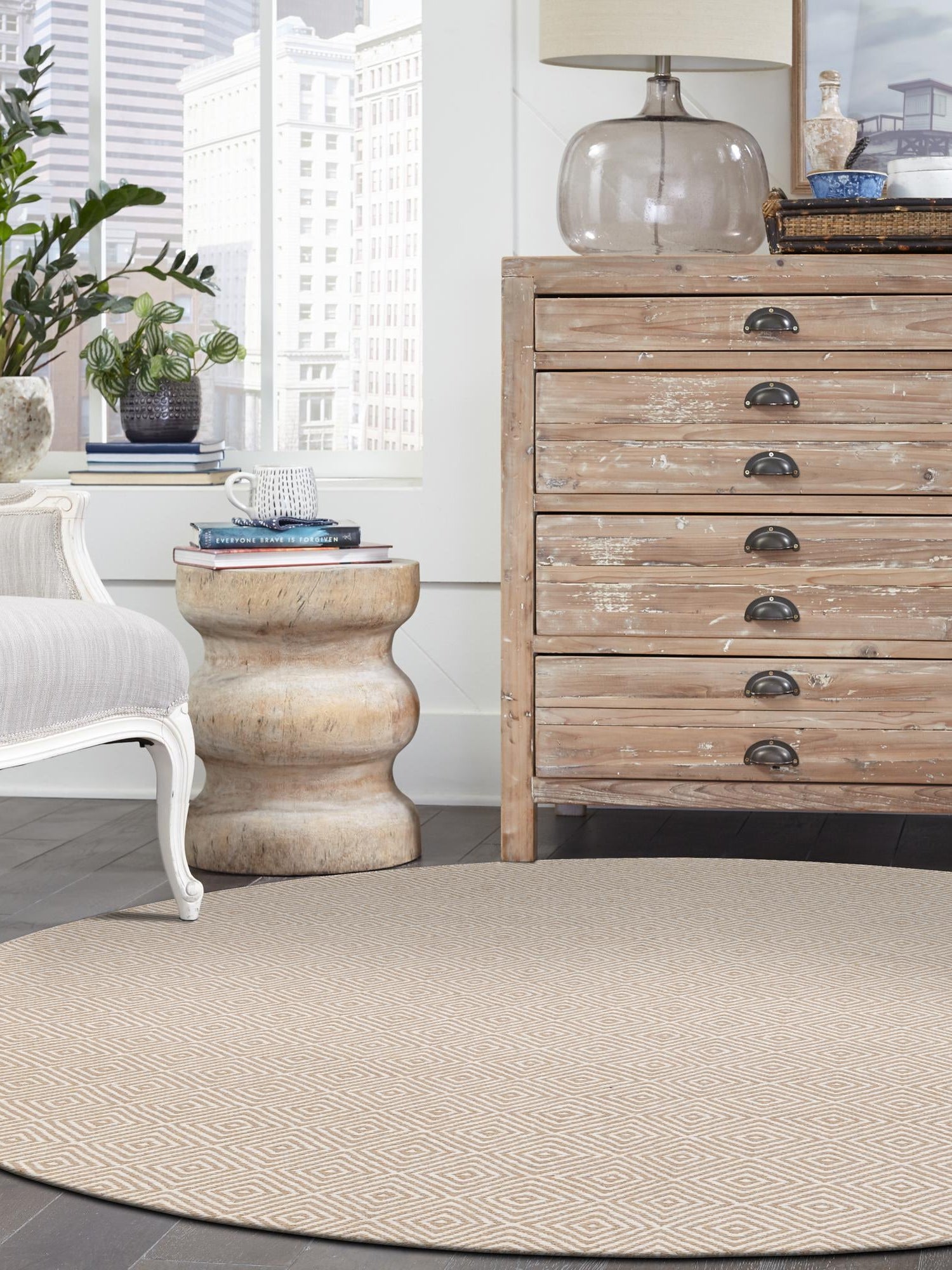 Beige 3' 1 x 3' 1 Geo Trellis Flatweave Round Area Rug 80% Wool & 20% Cotton Natural Geometric Carpet for Living, Office, Dining, Dorms for Sale at Rug Engine