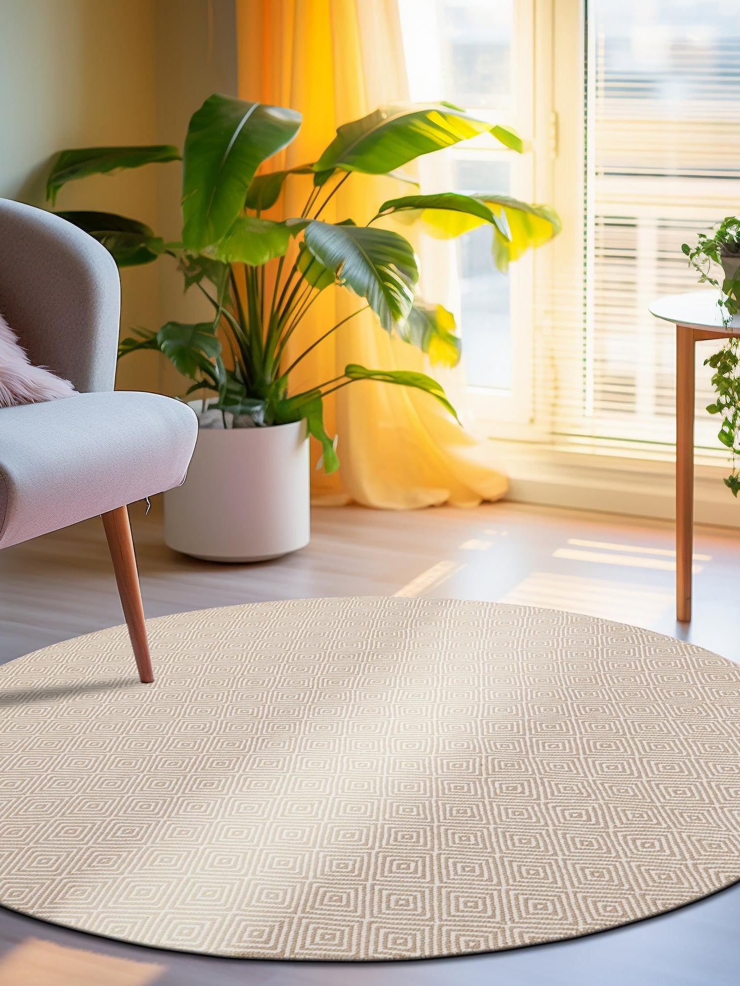 Beige 10' x 10' Geo Trellis Flatweave Round Area Rug 80% Wool & 20% Cotton Natural Geometric Carpet for Living, Office, Dining, Dorms for Sale at Rug Engine
