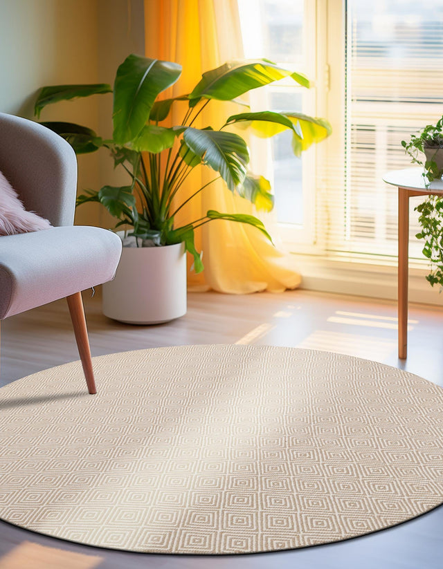 Beige 3' 1 x 3' 1 Geo Trellis Flatweave Round Area Rug 80% Wool & 20% Cotton Natural Geometric Carpet for Living, Office, Dining, Dorms for Sale at Rug Engine