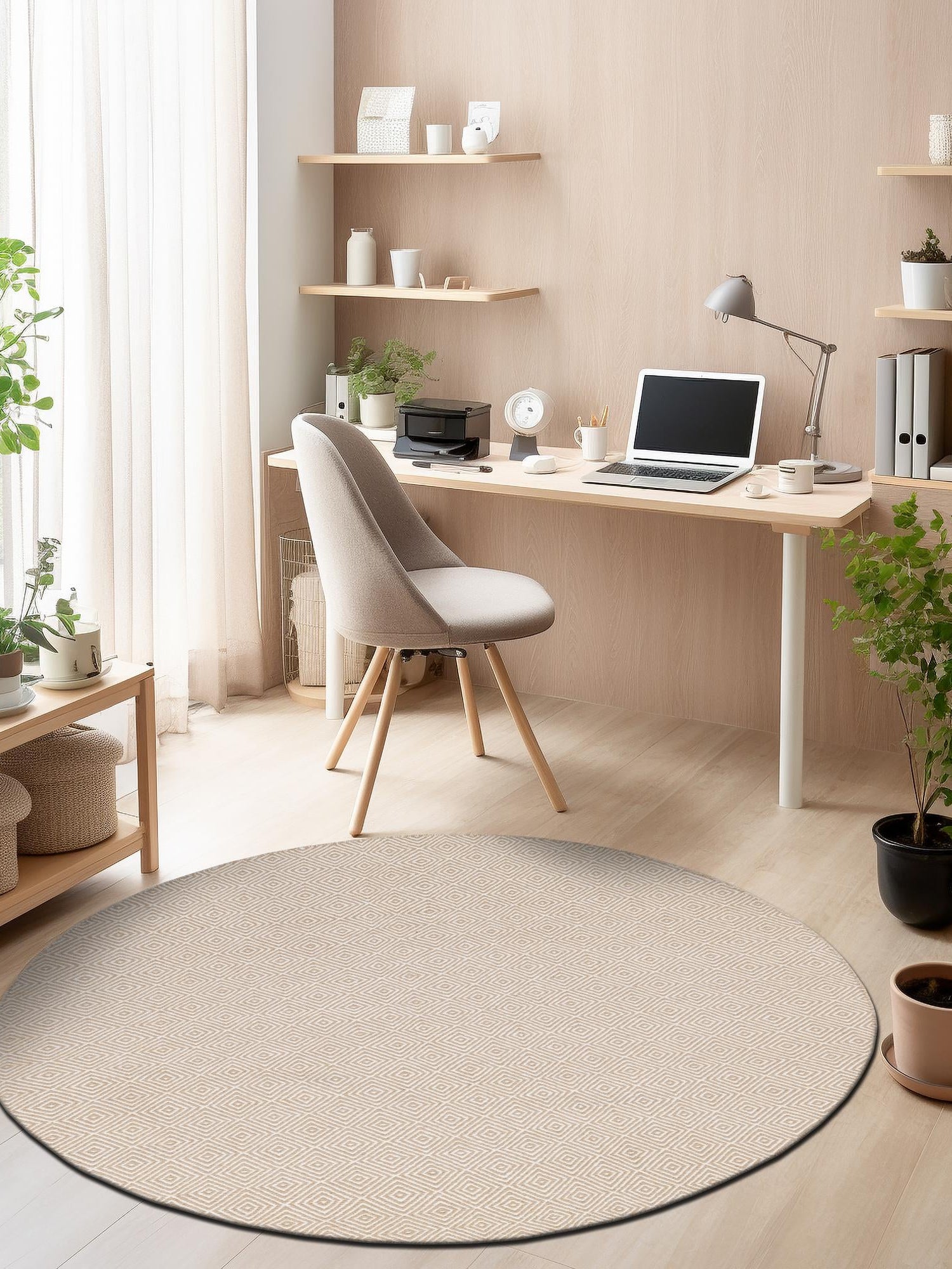 Beige 3' 1 x 3' 1 Geo Trellis Flatweave Round Area Rug 80% Wool & 20% Cotton Natural Geometric Carpet for Living, Office, Dining, Dorms for Sale at Rug Engine