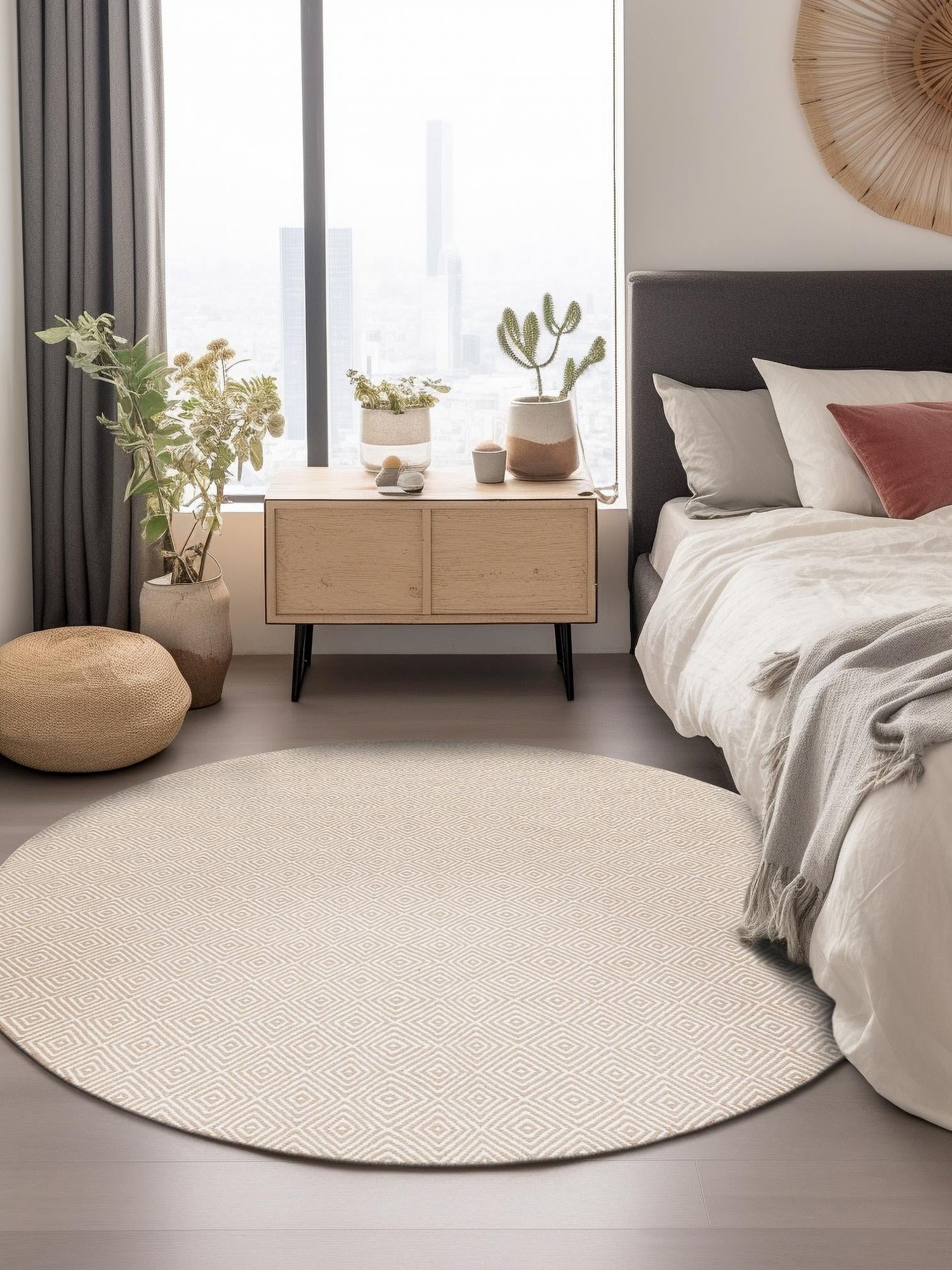 Beige 3' 1 x 3' 1 Geo Trellis Flatweave Round Area Rug 80% Wool & 20% Cotton Natural Geometric Carpet for Living, Office, Dining, Dorms for Sale at Rug Engine