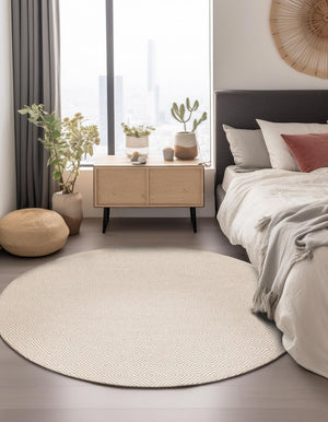 Beige 3' 1 x 3' 1 Geo Trellis Flatweave Round Area Rug 80% Wool & 20% Cotton Natural Geometric Carpet for Living, Office, Dining, Dorms for Sale at Rug Engine