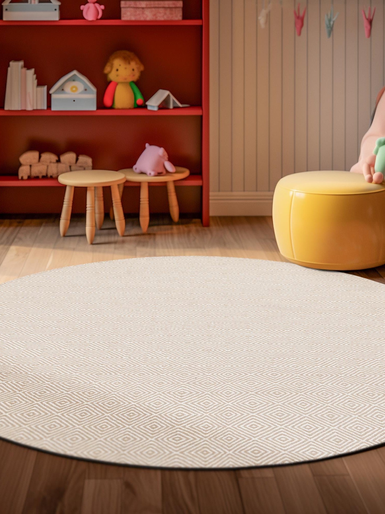 Beige 3' 1 x 3' 1 Geo Trellis Flatweave Round Area Rug 80% Wool & 20% Cotton Natural Geometric Carpet for Living, Office, Dining, Dorms for Sale at Rug Engine