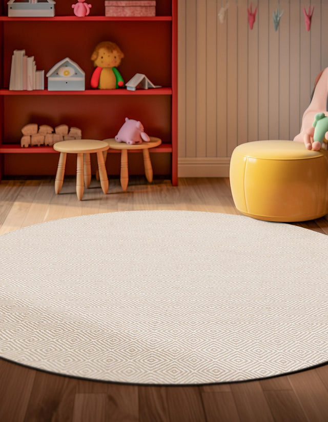 Beige 3' 1 x 3' 1 Geo Trellis Flatweave Round Area Rug 80% Wool & 20% Cotton Natural Geometric Carpet for Living, Office, Dining, Dorms for Sale at Rug Engine