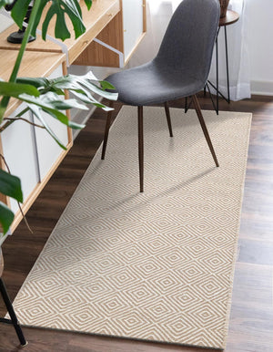 Beige 2' 7 x 14' 1 Geo Trellis Flatweave Runner Area Rug 80% Wool & 20% Cotton Natural Geometric Carpet for Living, Office, Dining, Dorms for Sale at Rug Engine