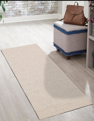Beige 2' 7 x 14' 1 Geo Trellis Flatweave Runner Area Rug 80% Wool & 20% Cotton Natural Geometric Carpet for Living, Office, Dining, Dorms for Sale at Rug Engine
