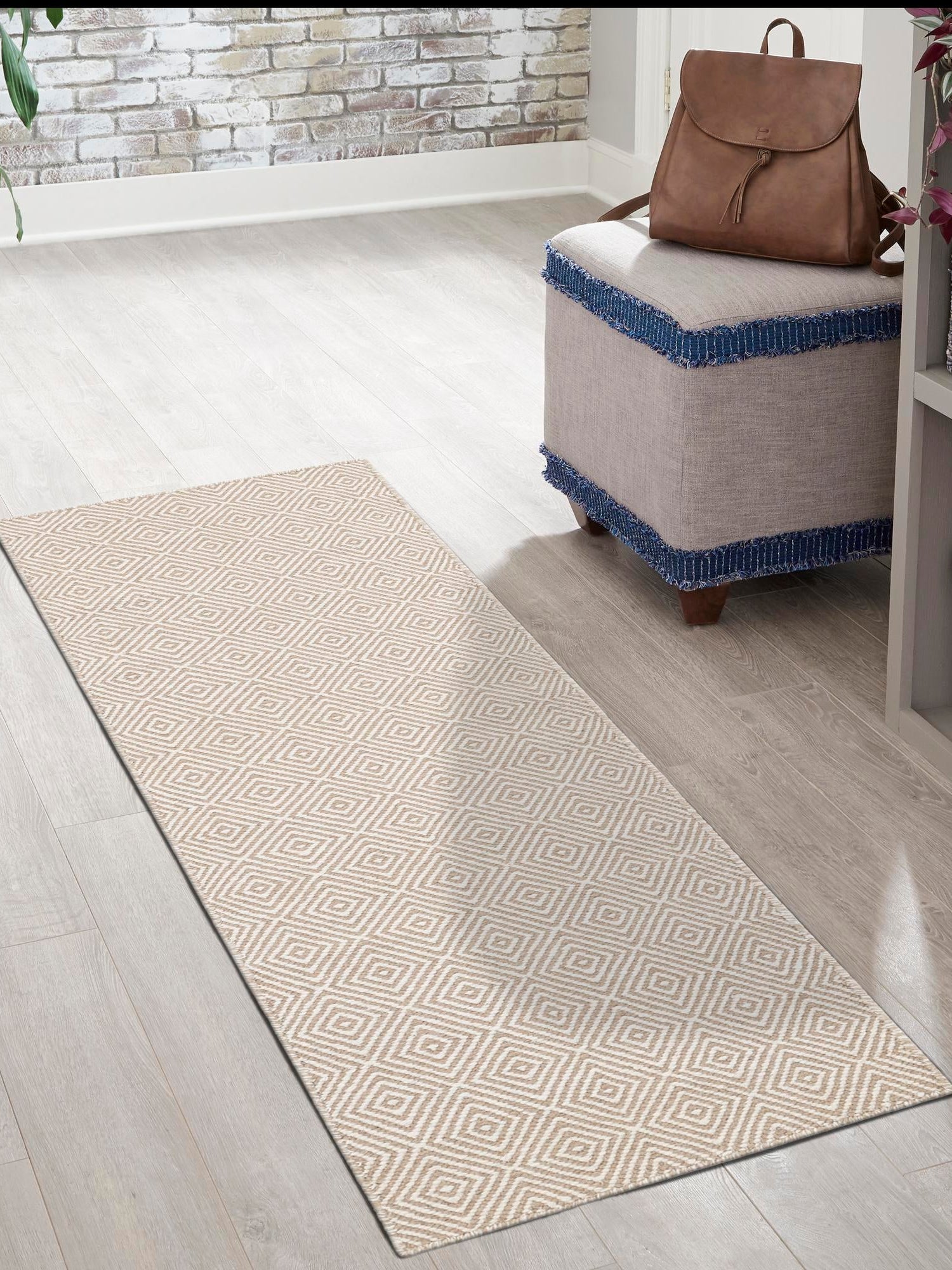 Beige 2' x 6' 1 Geo Trellis Flatweave Runner Area Rug 80% Wool & 20% Cotton Natural Geometric Carpet for Living, Office, Dining, Dorms for Sale at Rug Engine