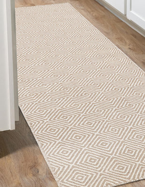 Beige 2' x 8' Geo Trellis Flatweave Runner Area Rug 80% Wool & 20% Cotton Natural Geometric Carpet for Living, Office, Dining, Dorms for Sale at Rug Engine