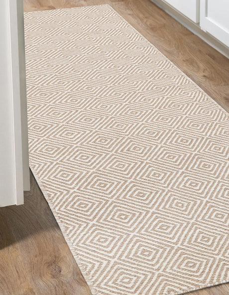 Beige 2' 7 x 12' Geo Trellis Flatweave Runner Area Rug 80% Wool & 20% Cotton Natural Geometric Carpet for Living, Office, Dining, Dorms for Sale at Rug Engine