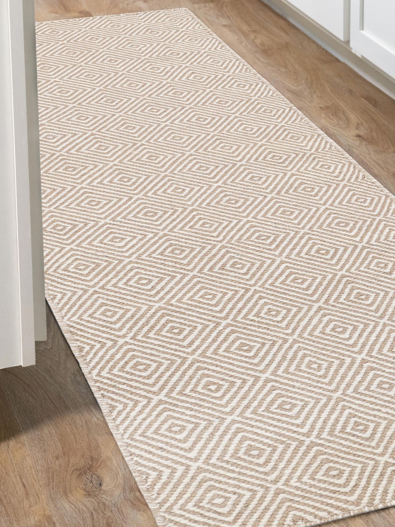Beige 2' x 6' 1 Geo Trellis Flatweave Runner Area Rug 80% Wool & 20% Cotton Natural Geometric Carpet for Living, Office, Dining, Dorms for Sale at Rug Engine