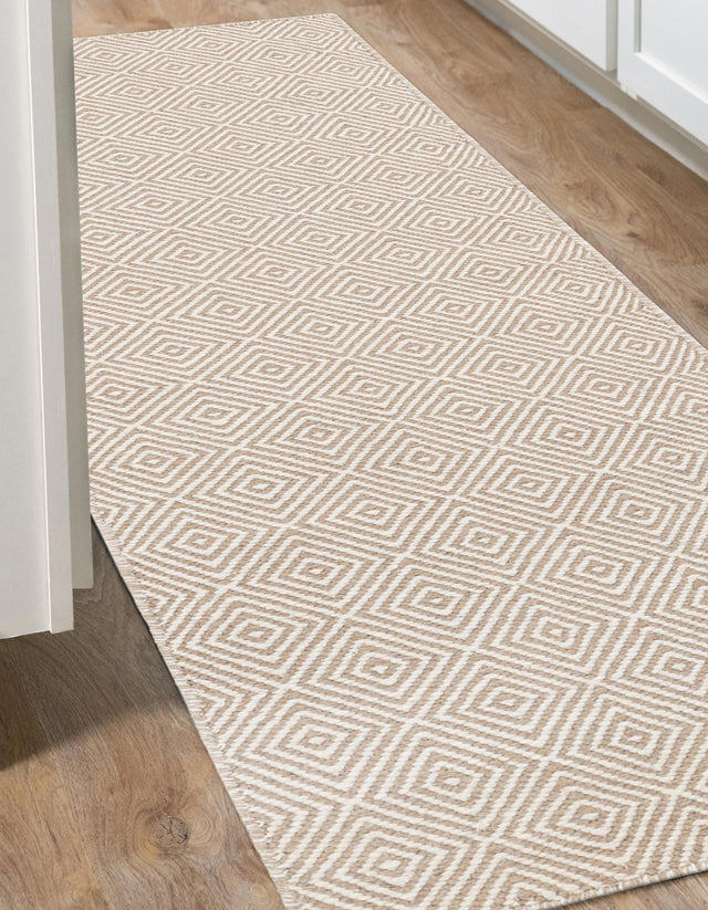 Beige 2' x 6' 1 Geo Trellis Flatweave Runner Area Rug 80% Wool & 20% Cotton Natural Geometric Carpet for Living, Office, Dining, Dorms for Sale at Rug Engine