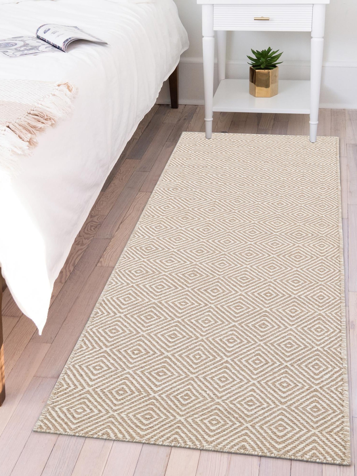 Beige 2' x 8' Geo Trellis Flatweave Runner Area Rug 80% Wool & 20% Cotton Natural Geometric Carpet for Living, Office, Dining, Dorms for Sale at Rug Engine
