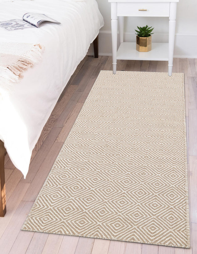 Beige 2' x 6' 1 Geo Trellis Flatweave Runner Area Rug 80% Wool & 20% Cotton Natural Geometric Carpet for Living, Office, Dining, Dorms for Sale at Rug Engine