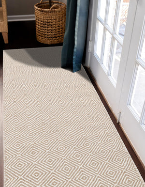Beige 2' x 8' Geo Trellis Flatweave Runner Area Rug 80% Wool & 20% Cotton Natural Geometric Carpet for Living, Office, Dining, Dorms for Sale at Rug Engine