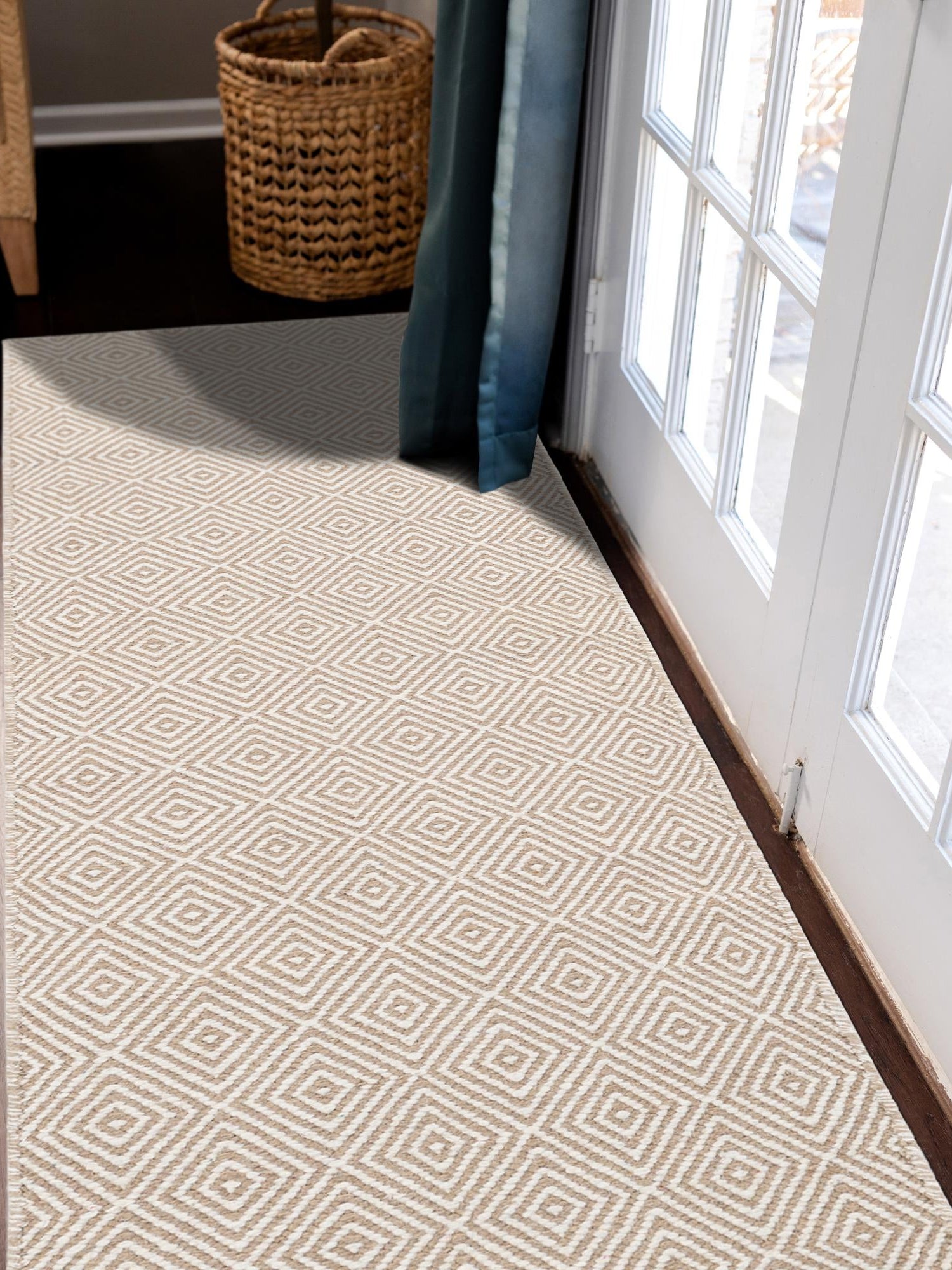 Beige 2' x 6' 1 Geo Trellis Flatweave Runner Area Rug 80% Wool & 20% Cotton Natural Geometric Carpet for Living, Office, Dining, Dorms for Sale at Rug Engine