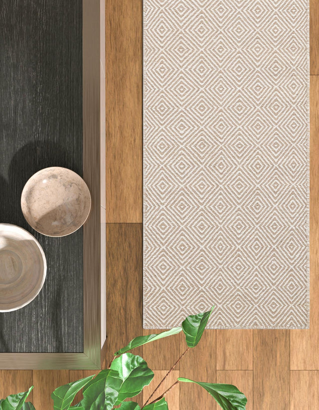 Beige 2' 7 x 14' 1 Geo Trellis Flatweave Runner Area Rug 80% Wool & 20% Cotton Natural Geometric Carpet for Living, Office, Dining, Dorms for Sale at Rug Engine