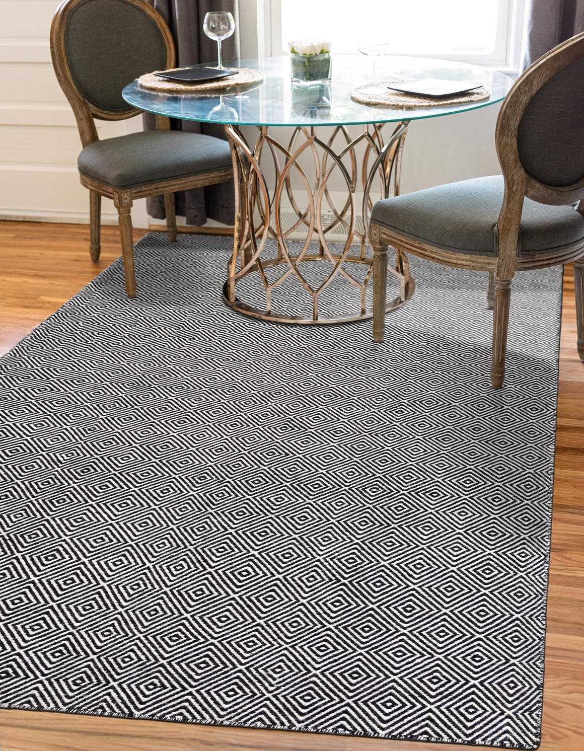 Black 2' x 3' 1 Geo Trellis Flatweave Rectangle Area Rug 80% Wool & 20% Cotton Natural Geometric Carpet for Living, Office, Dining, Dorms for Sale at Rug Engine