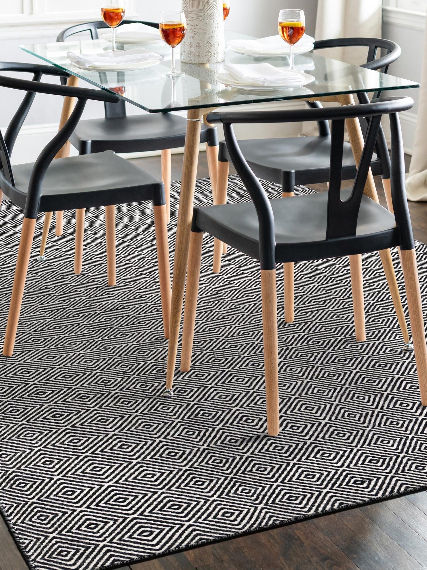 Black 7' 10 x 10' Geo Trellis Flatweave Rectangle Area Rug 80% Wool & 20% Cotton Natural Geometric Carpet for Living, Office, Dining, Dorms for Sale at Rug Engine