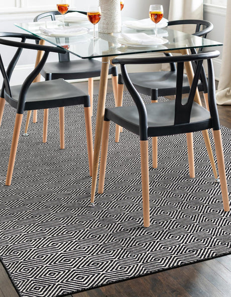 Black 2' x 3' 1 Geo Trellis Flatweave Rectangle Area Rug 80% Wool & 20% Cotton Natural Geometric Carpet for Living, Office, Dining, Dorms for Sale at Rug Engine