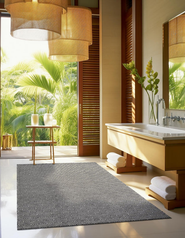 Black 2' x 3' 1 Geo Trellis Flatweave Rectangle Area Rug 80% Wool & 20% Cotton Natural Geometric Carpet for Living, Office, Dining, Dorms for Sale at Rug Engine