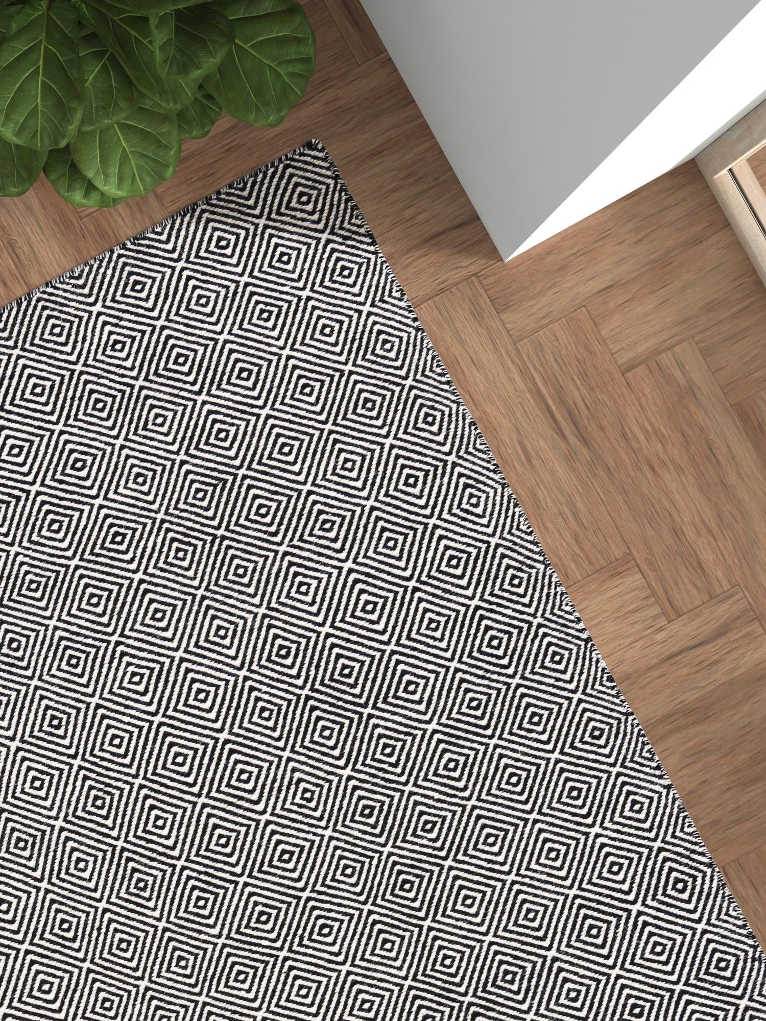 Black 7' 10 x 10' Geo Trellis Flatweave Rectangle Area Rug 80% Wool & 20% Cotton Natural Geometric Carpet for Living, Office, Dining, Dorms for Sale at Rug Engine