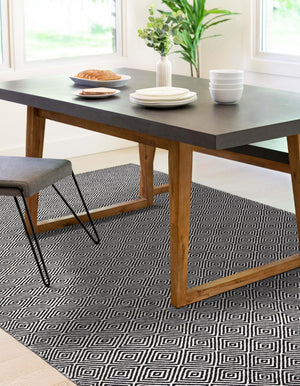 Black 7' 10 x 10' Geo Trellis Flatweave Rectangle Area Rug 80% Wool & 20% Cotton Natural Geometric Carpet for Living, Office, Dining, Dorms for Sale at Rug Engine