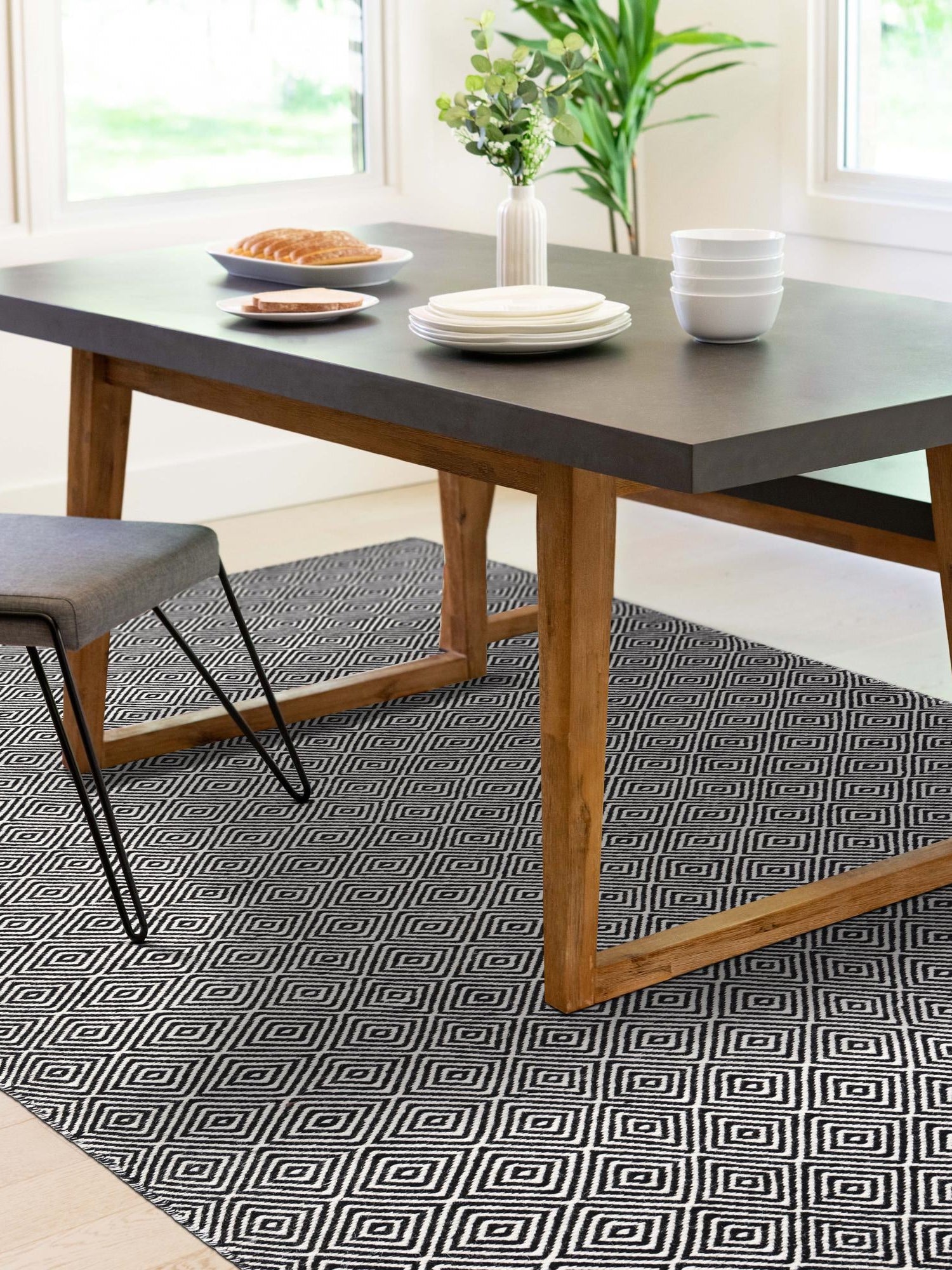 Black 2' x 3' 1 Geo Trellis Flatweave Rectangle Area Rug 80% Wool & 20% Cotton Natural Geometric Carpet for Living, Office, Dining, Dorms for Sale at Rug Engine