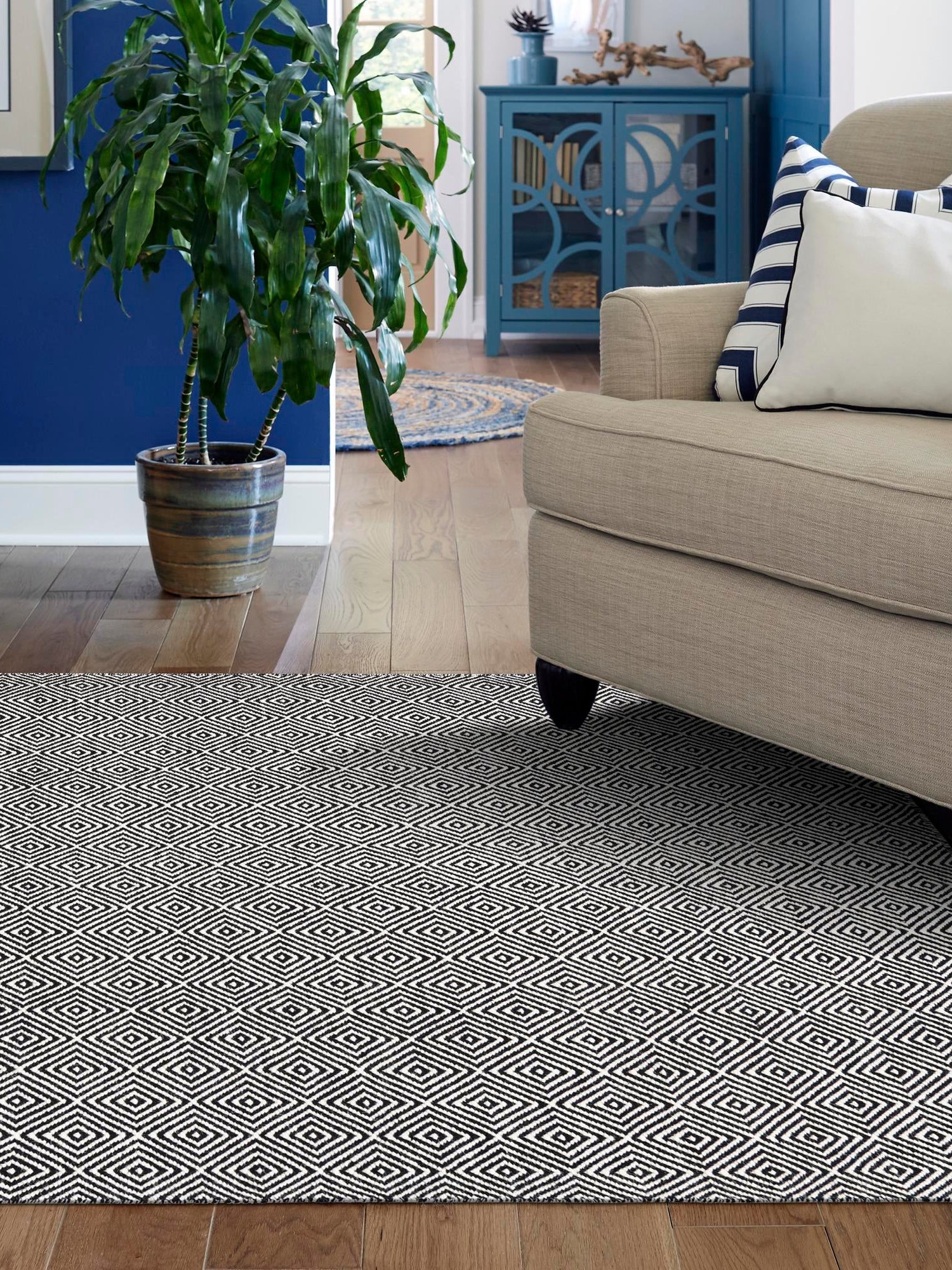 Black 7' 10 x 10' Geo Trellis Flatweave Rectangle Area Rug 80% Wool & 20% Cotton Natural Geometric Carpet for Living, Office, Dining, Dorms for Sale at Rug Engine