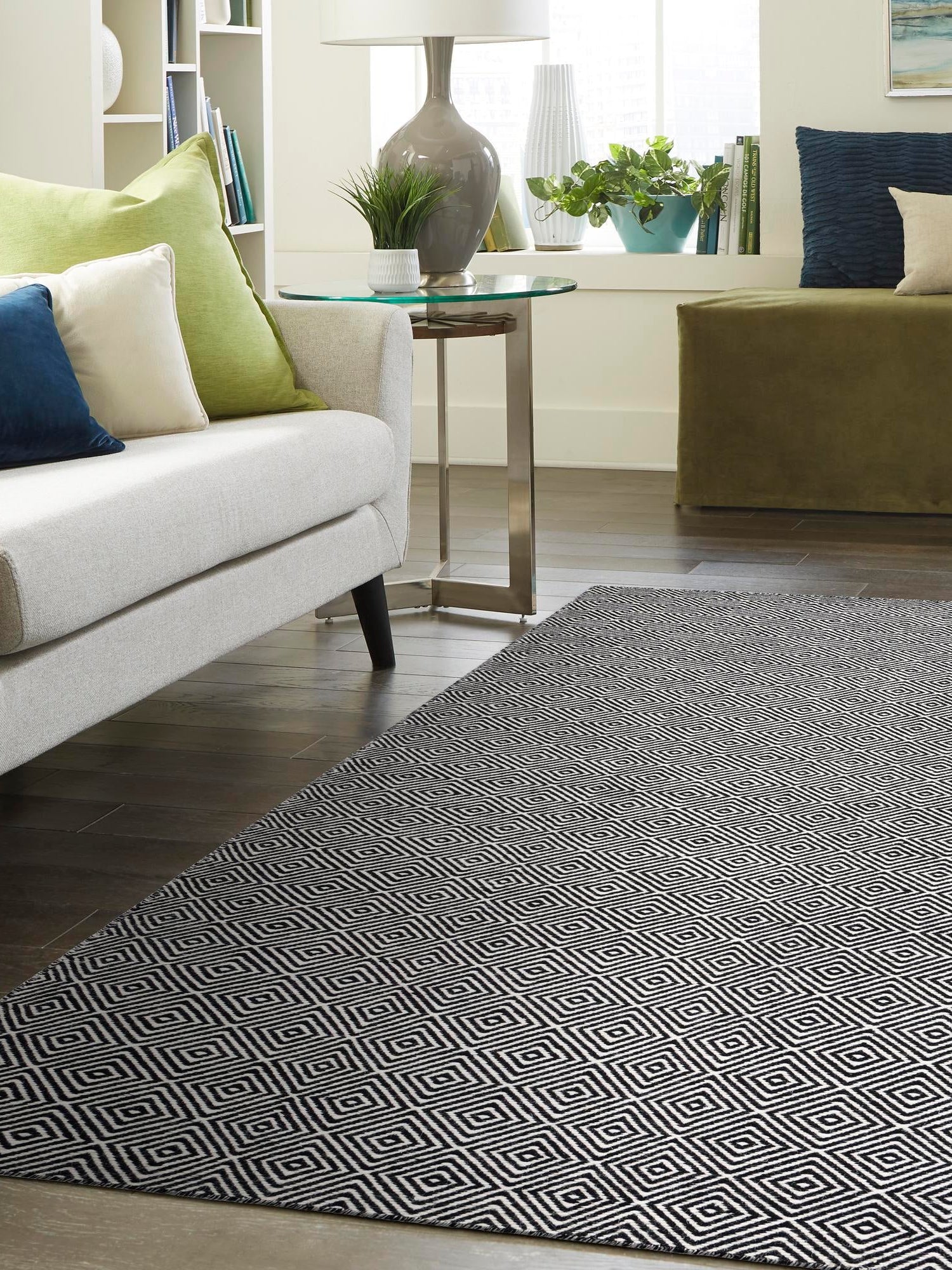 Black 7' 10 x 10' Geo Trellis Flatweave Rectangle Area Rug 80% Wool & 20% Cotton Natural Geometric Carpet for Living, Office, Dining, Dorms for Sale at Rug Engine