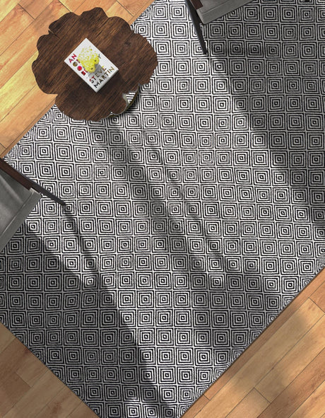 Black 5' 1 x 8' Geo Trellis Flatweave Rectangle Area Rug 80% Wool & 20% Cotton Natural Geometric Carpet for Living, Office, Dining, Dorms for Sale at Rug Engine