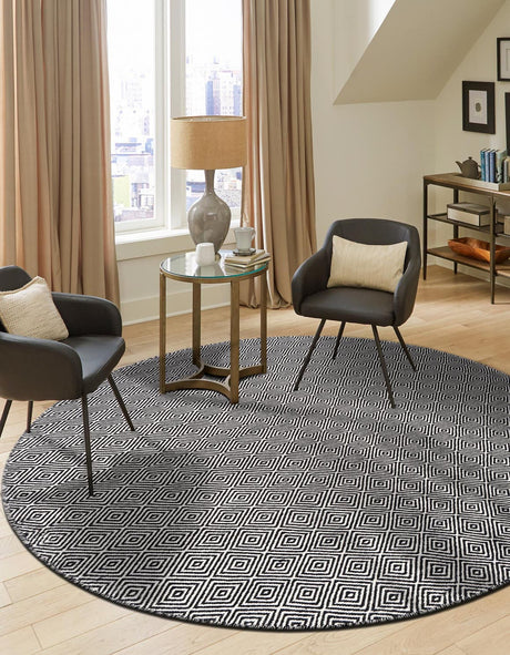 Black 3' 1 x 3' 1 Geo Trellis Flatweave Round Area Rug 80% Wool & 20% Cotton Natural Geometric Carpet for Living, Office, Dining, Dorms for Sale at Rug Engine