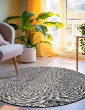 Black 3' 1 x 3' 1 Geo Trellis Flatweave Round Area Rug 80% Wool & 20% Cotton Natural Geometric Carpet for Living, Office, Dining, Dorms for Sale at Rug Engine