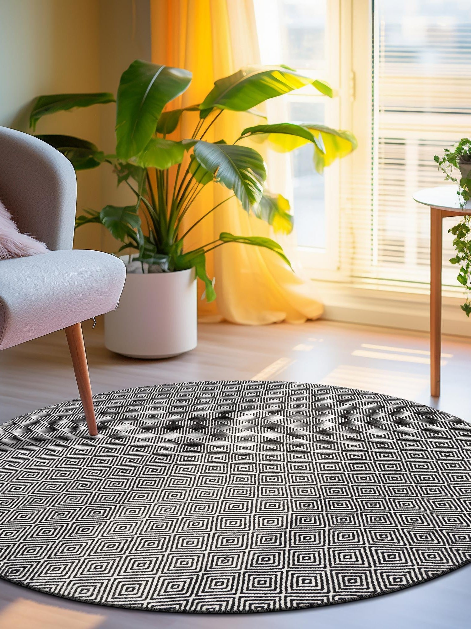 Black 4' 1 x 4' 1 Geo Trellis Flatweave Round Area Rug 80% Wool & 20% Cotton Natural Geometric Carpet for Living, Office, Dining, Dorms for Sale at Rug Engine