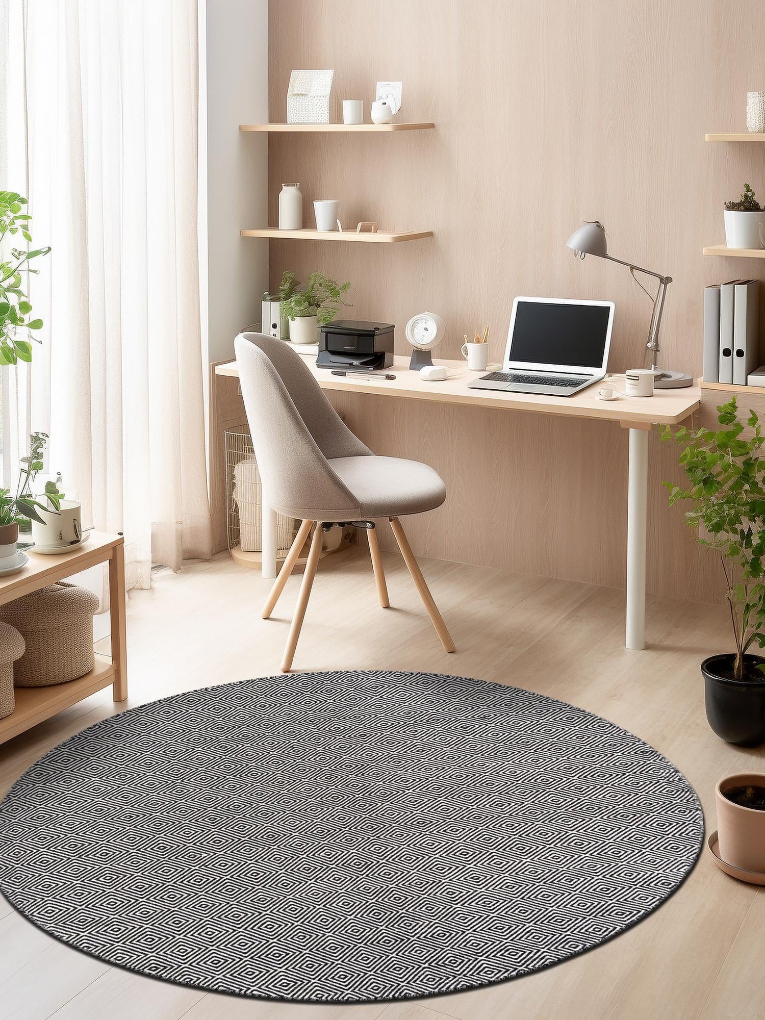 Black 4' 1 x 4' 1 Geo Trellis Flatweave Round Area Rug 80% Wool & 20% Cotton Natural Geometric Carpet for Living, Office, Dining, Dorms for Sale at Rug Engine