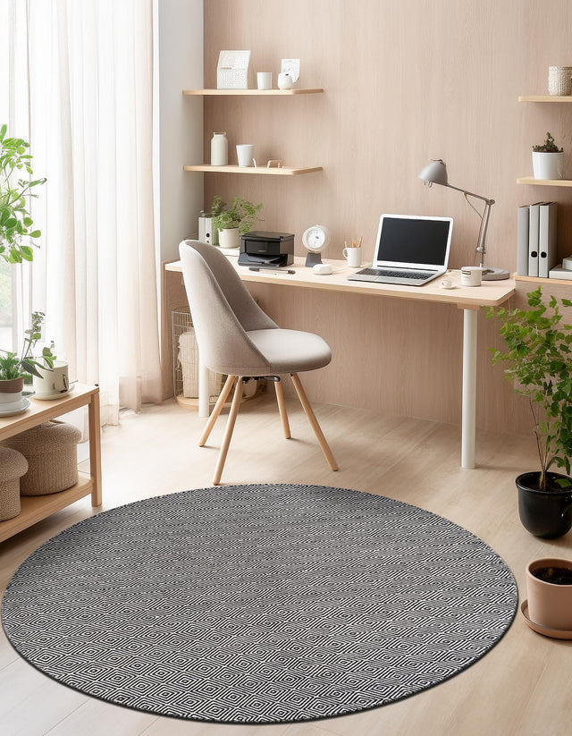 Black 4' 1 x 4' 1 Geo Trellis Flatweave Round Area Rug 80% Wool & 20% Cotton Natural Geometric Carpet for Living, Office, Dining, Dorms for Sale at Rug Engine
