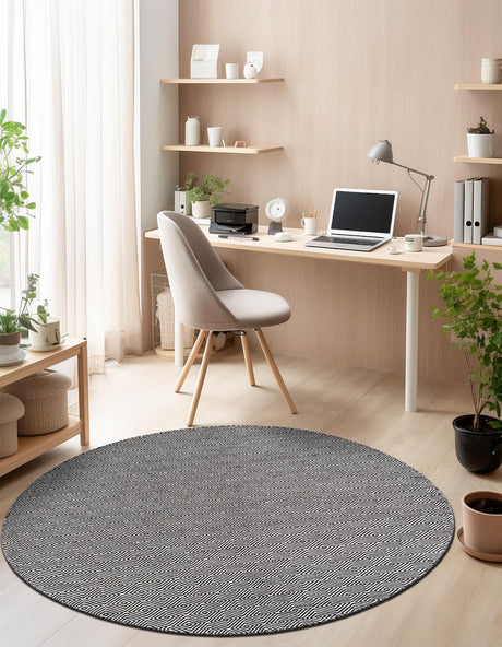 Black 3' 1 x 3' 1 Geo Trellis Flatweave Round Area Rug 80% Wool & 20% Cotton Natural Geometric Carpet for Living, Office, Dining, Dorms for Sale at Rug Engine