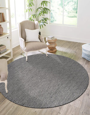 Black 6' 1 x 6' 1 Geo Trellis Flatweave Round Area Rug 80% Wool & 20% Cotton Natural Geometric Carpet for Living, Office, Dining, Dorms for Sale at Rug Engine