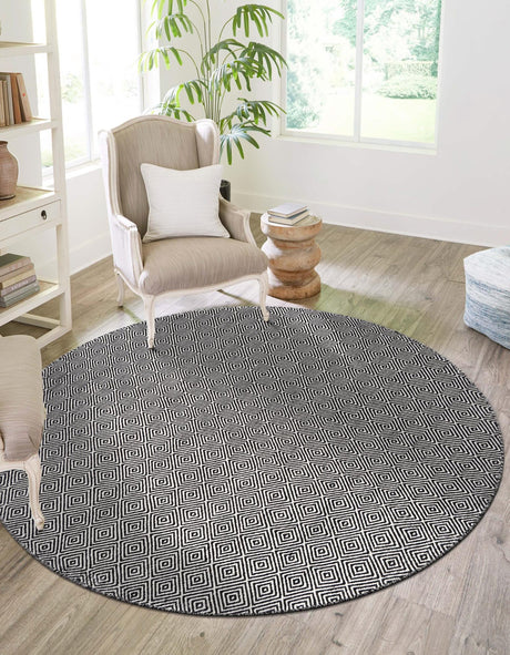 Black 3' 1 x 3' 1 Geo Trellis Flatweave Round Area Rug 80% Wool & 20% Cotton Natural Geometric Carpet for Living, Office, Dining, Dorms for Sale at Rug Engine