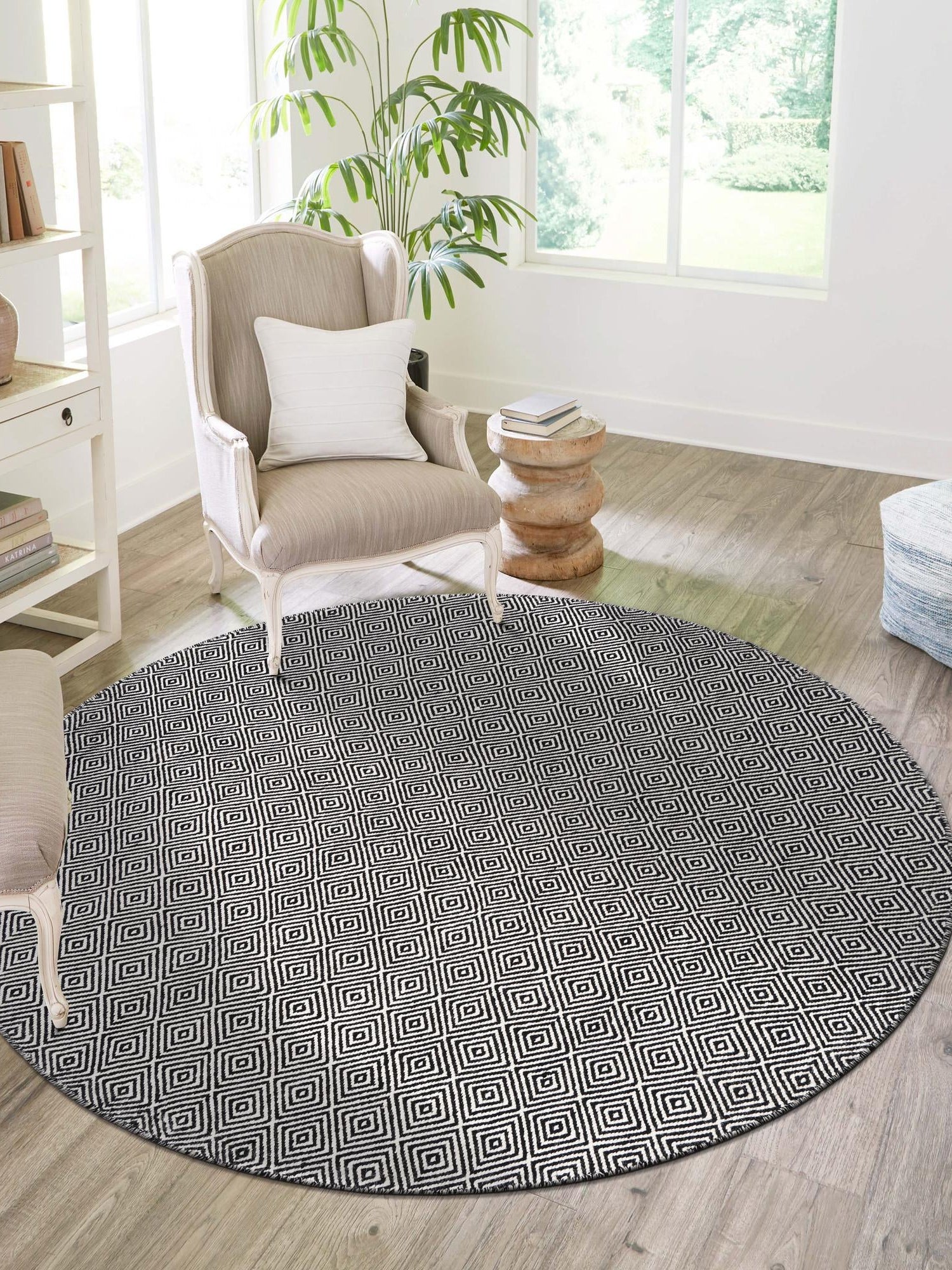 Black 4' 1 x 4' 1 Geo Trellis Flatweave Round Area Rug 80% Wool & 20% Cotton Natural Geometric Carpet for Living, Office, Dining, Dorms for Sale at Rug Engine