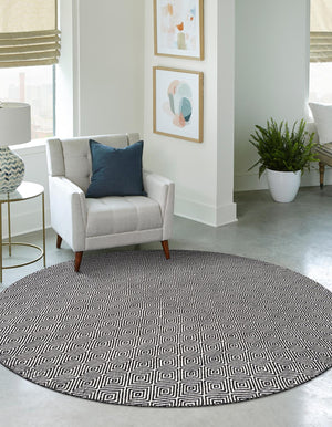 Black 3' 1 x 3' 1 Geo Trellis Flatweave Round Area Rug 80% Wool & 20% Cotton Natural Geometric Carpet for Living, Office, Dining, Dorms for Sale at Rug Engine