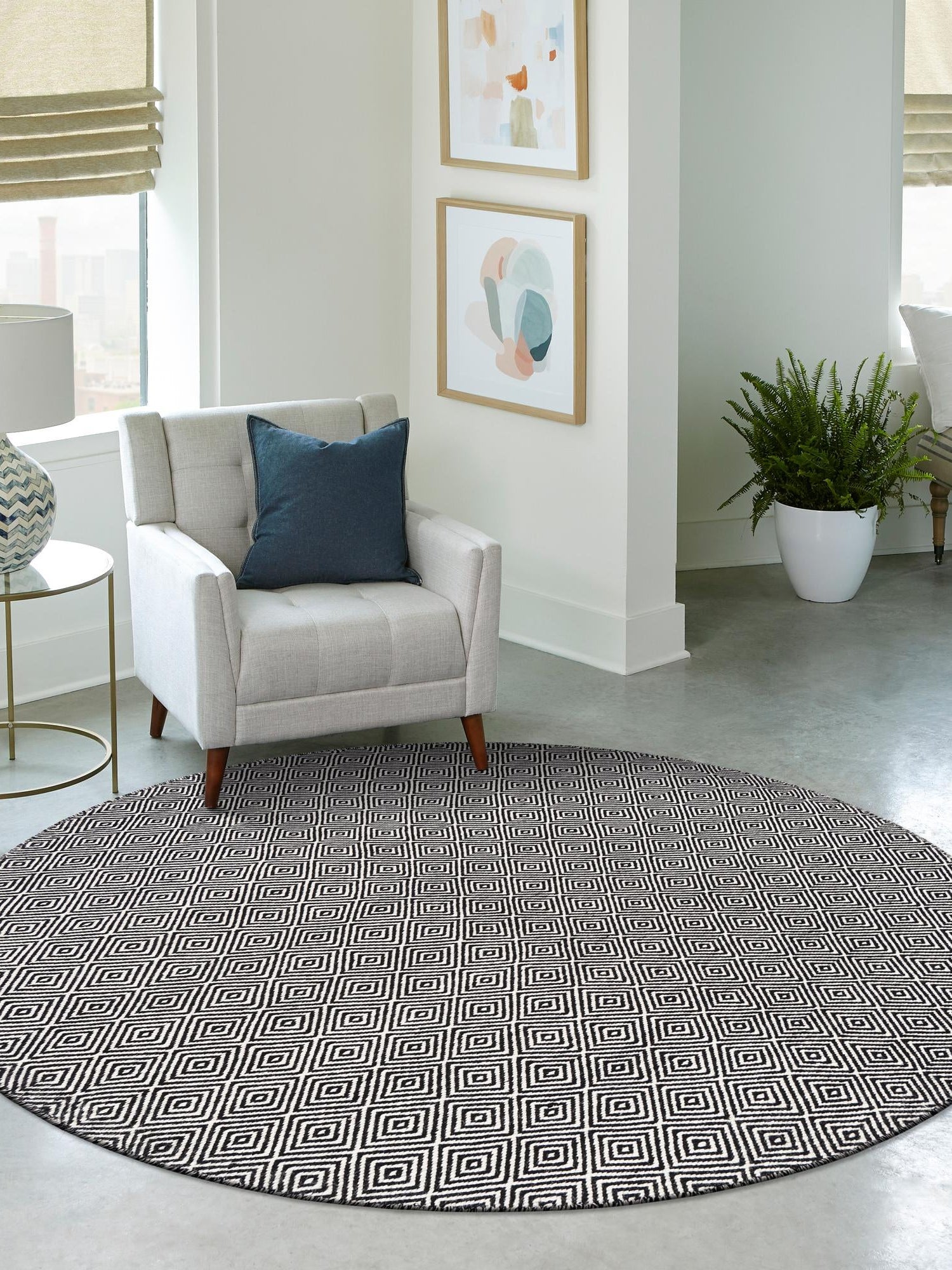 Black 4' 1 x 4' 1 Geo Trellis Flatweave Round Area Rug 80% Wool & 20% Cotton Natural Geometric Carpet for Living, Office, Dining, Dorms for Sale at Rug Engine