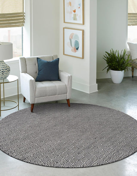 Black 4' 1 x 4' 1 Geo Trellis Flatweave Round Area Rug 80% Wool & 20% Cotton Natural Geometric Carpet for Living, Office, Dining, Dorms for Sale at Rug Engine