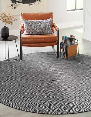 Black 6' 1 x 6' 1 Geo Trellis Flatweave Round Area Rug 80% Wool & 20% Cotton Natural Geometric Carpet for Living, Office, Dining, Dorms for Sale at Rug Engine