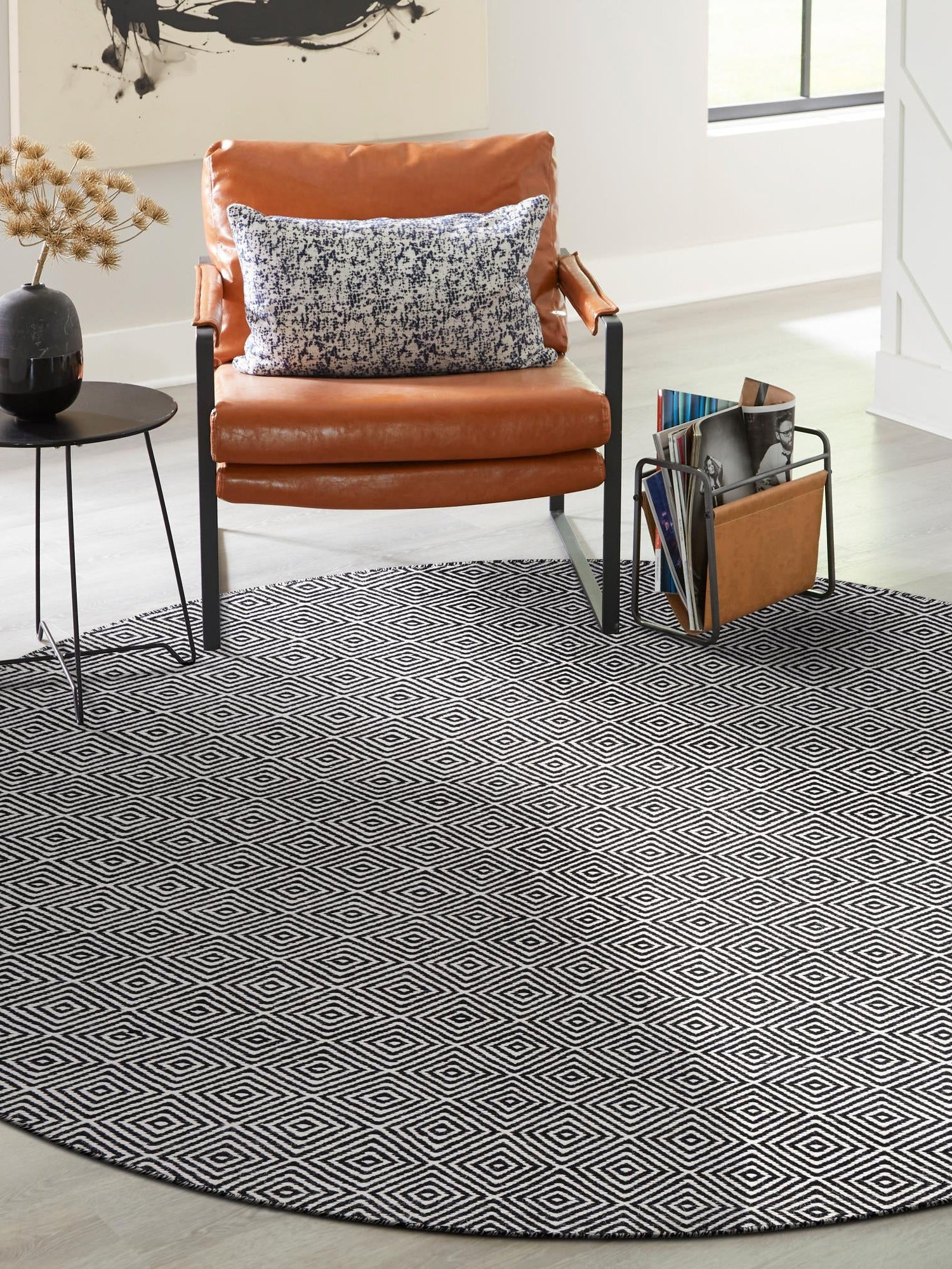 Black 4' 1 x 4' 1 Geo Trellis Flatweave Round Area Rug 80% Wool & 20% Cotton Natural Geometric Carpet for Living, Office, Dining, Dorms for Sale at Rug Engine