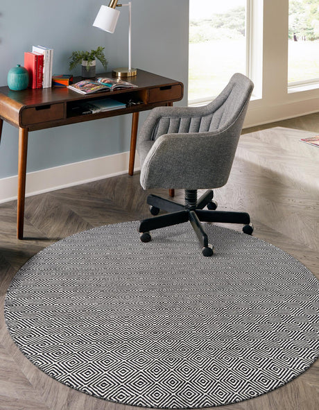 Black 6' 1 x 6' 1 Geo Trellis Flatweave Round Area Rug 80% Wool & 20% Cotton Natural Geometric Carpet for Living, Office, Dining, Dorms for Sale at Rug Engine