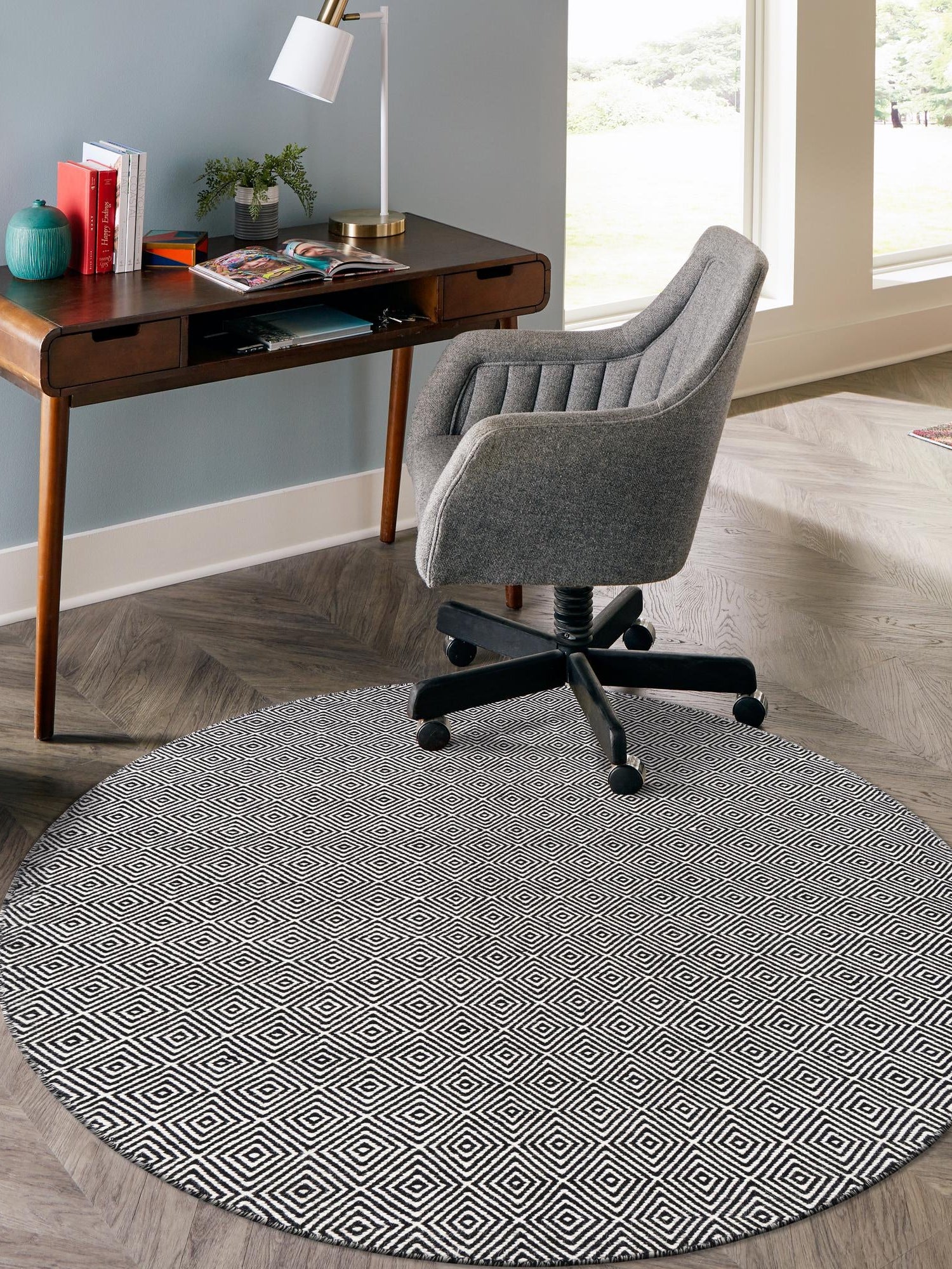 Black 4' 1 x 4' 1 Geo Trellis Flatweave Round Area Rug 80% Wool & 20% Cotton Natural Geometric Carpet for Living, Office, Dining, Dorms for Sale at Rug Engine