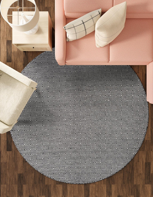 Black 6' 1 x 6' 1 Geo Trellis Flatweave Round Area Rug 80% Wool & 20% Cotton Natural Geometric Carpet for Living, Office, Dining, Dorms for Sale at Rug Engine