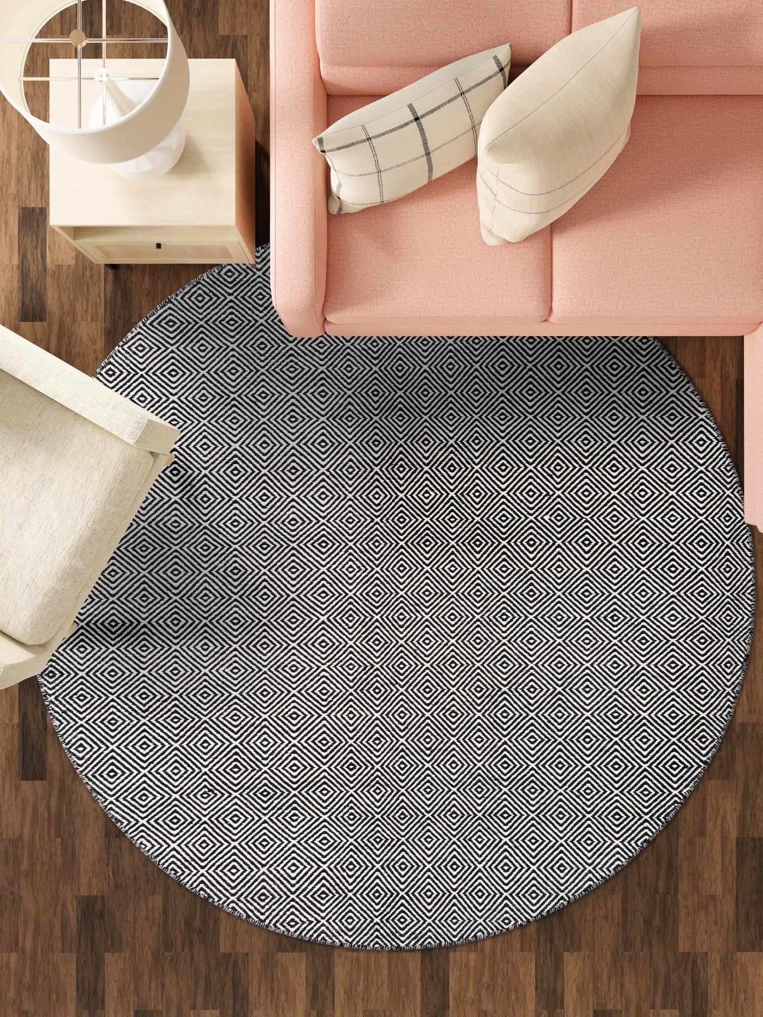 Black 4' 1 x 4' 1 Geo Trellis Flatweave Round Area Rug 80% Wool & 20% Cotton Natural Geometric Carpet for Living, Office, Dining, Dorms for Sale at Rug Engine